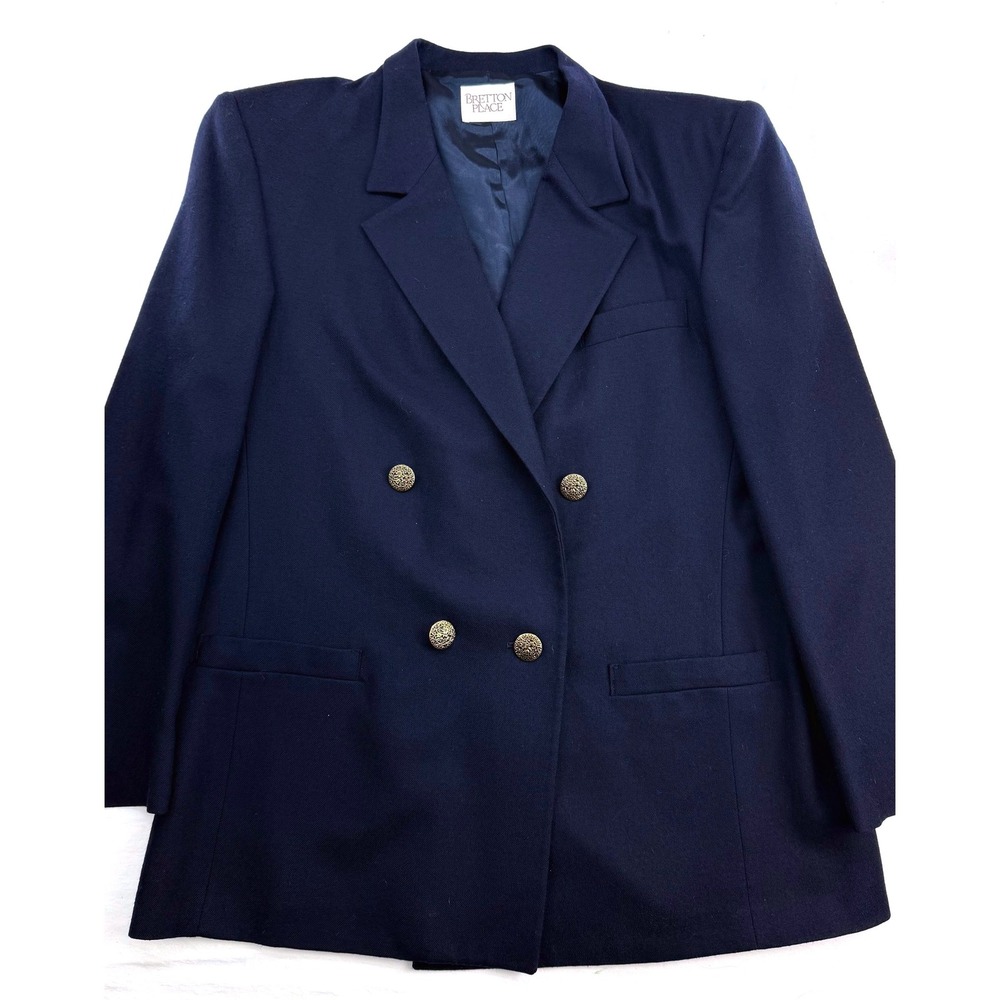 Bretton Place Navy Blue 100% Wool Double Breasted Blazer Gold Crest Buttons 14